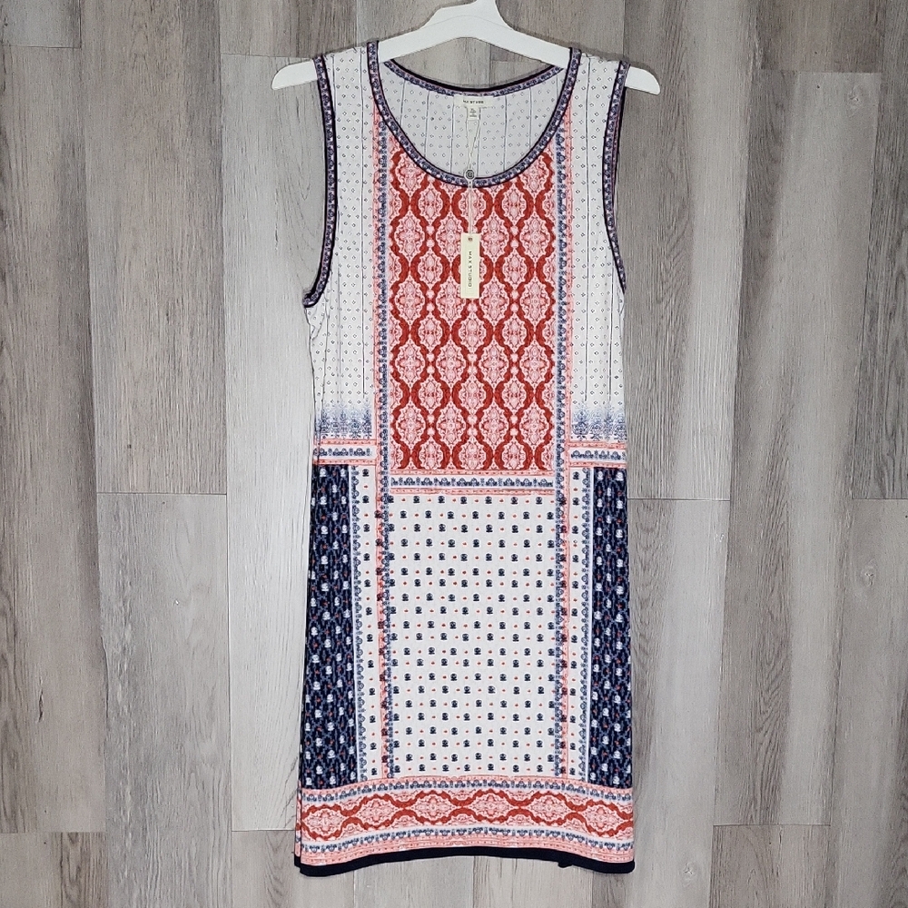 Max Studio Womens XL Patchwork Sleeveless Shift Dress Floral Patriotic Boho NEW